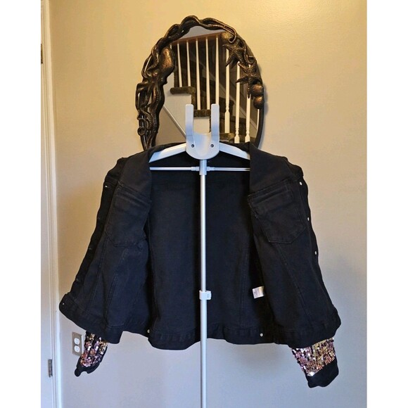 AKIRA Camila Sequin Sleeve Black Denim Jean Jacket Womens XL New NWT Bling - Picture 4 of 9